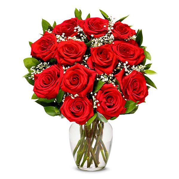 12 Rote Rosen in Vase Resim 1