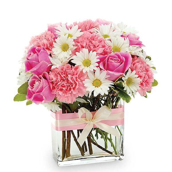 Розовые и белые цветы в квадратной вазе Resim 1