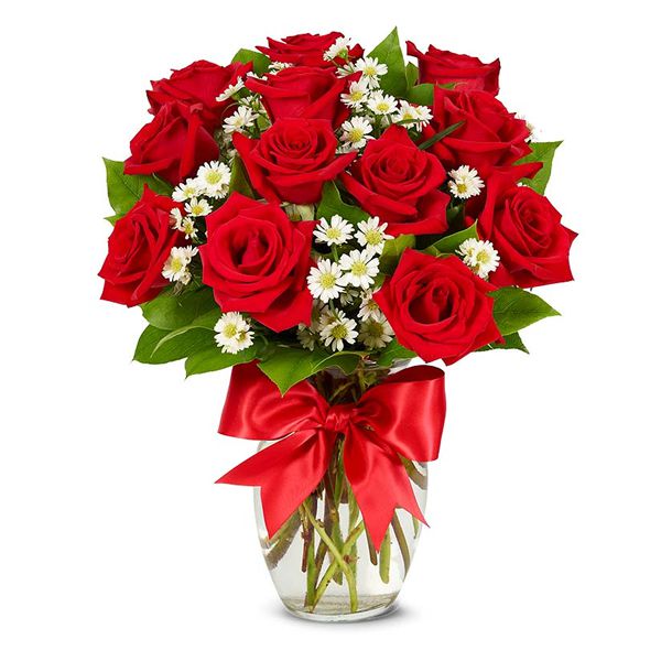 12 Rote Rosen und Gänseblümchen in Vase Resim 1