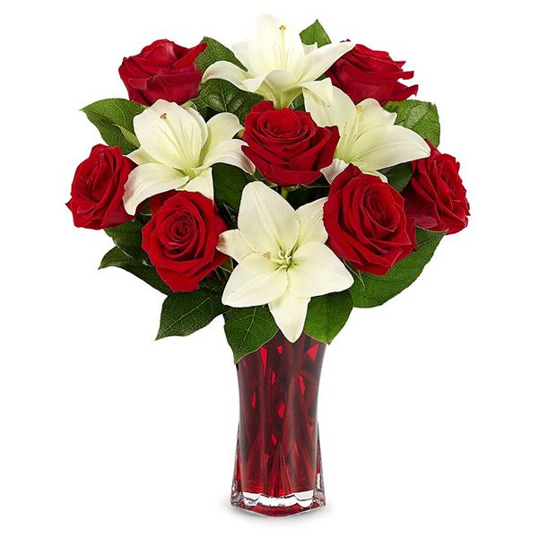 Rosen und Lilien in Vase Resim 1